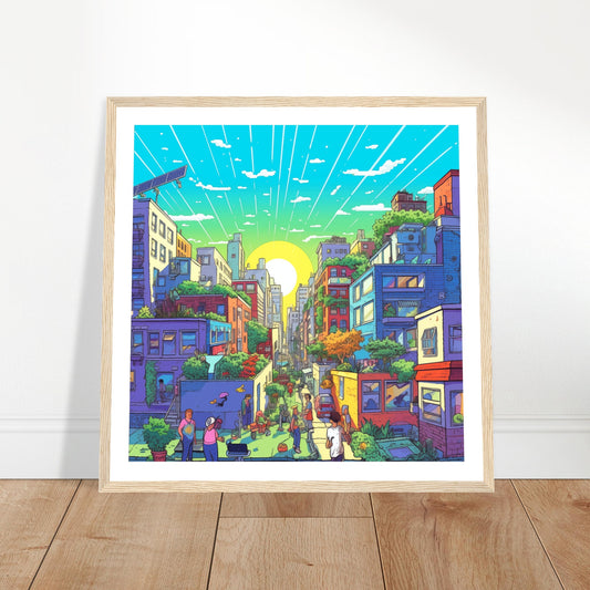 Solarpunk Sunrise Premium Wooden Framed Print