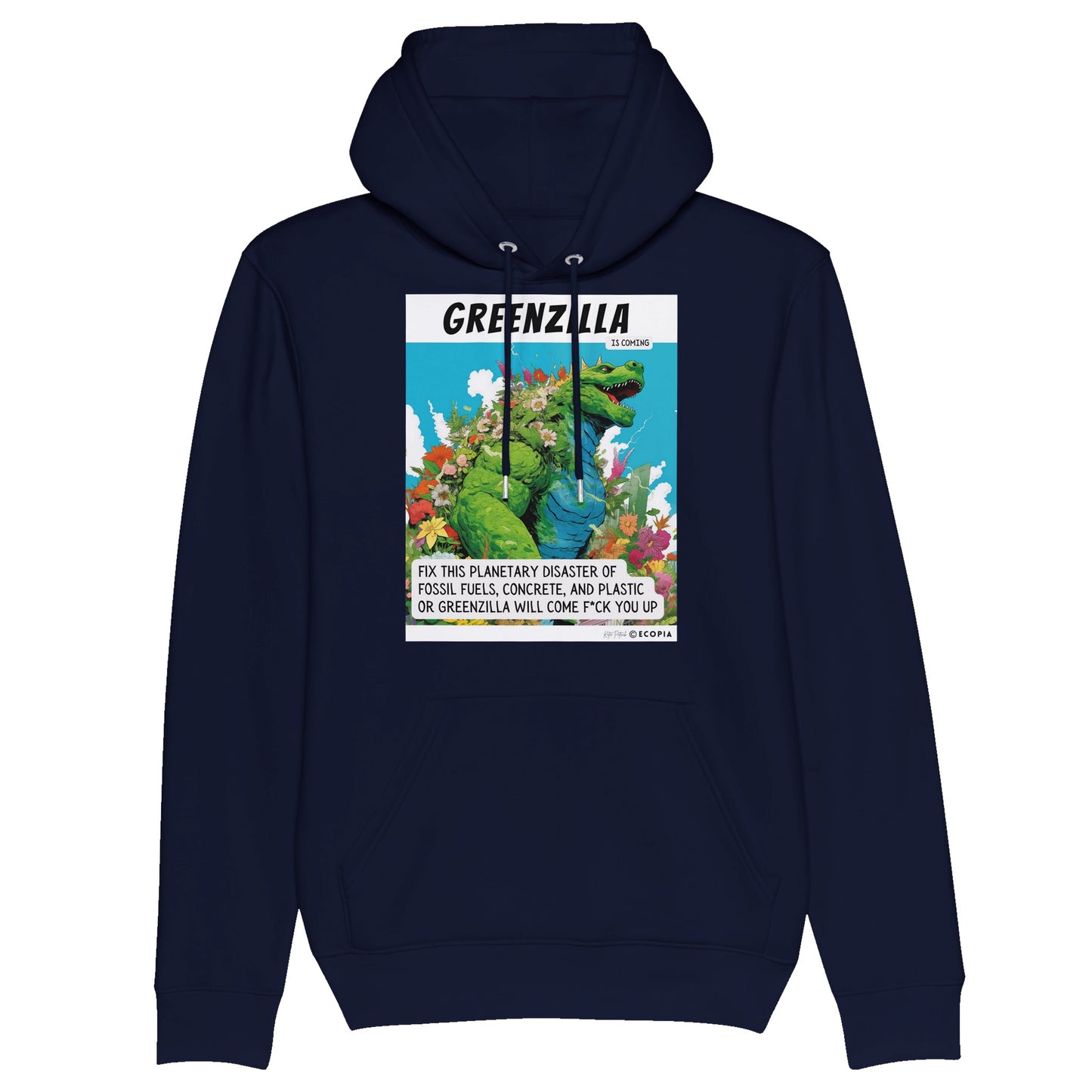 *Organic* “Greenzilla Is Coming” Unisex Pullover Hoodie | Black + Navy